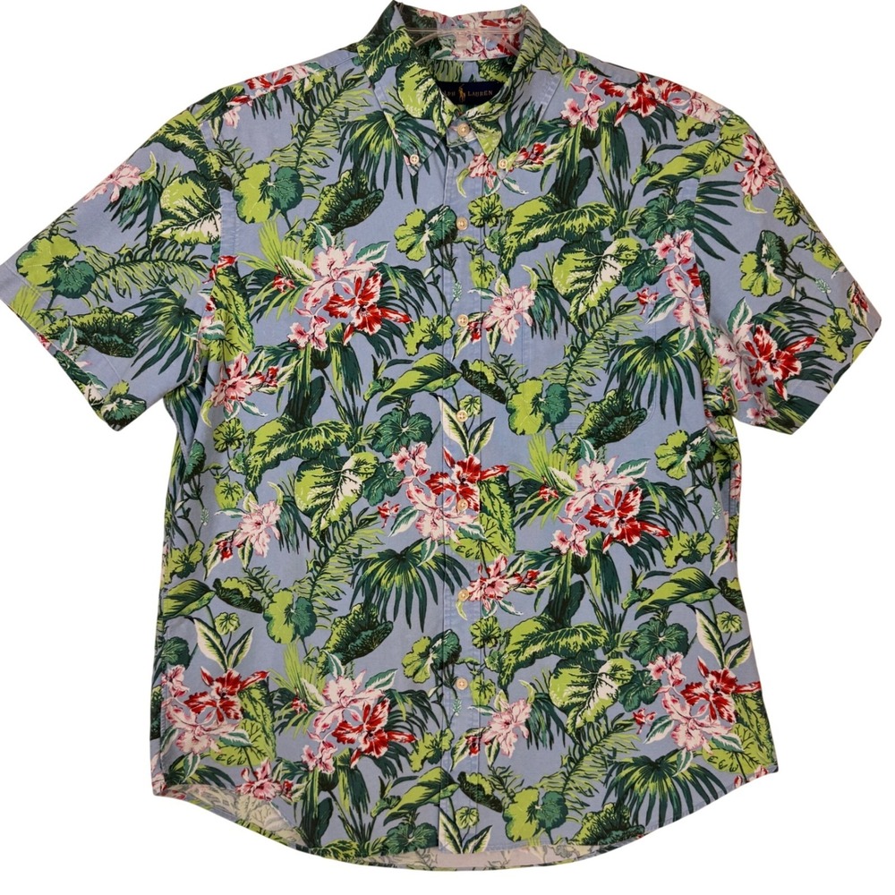 Ralph Lauren Shirt Button Down Mens Large Short Sleeve Blue Tropical Floral - Picture 2 of 14